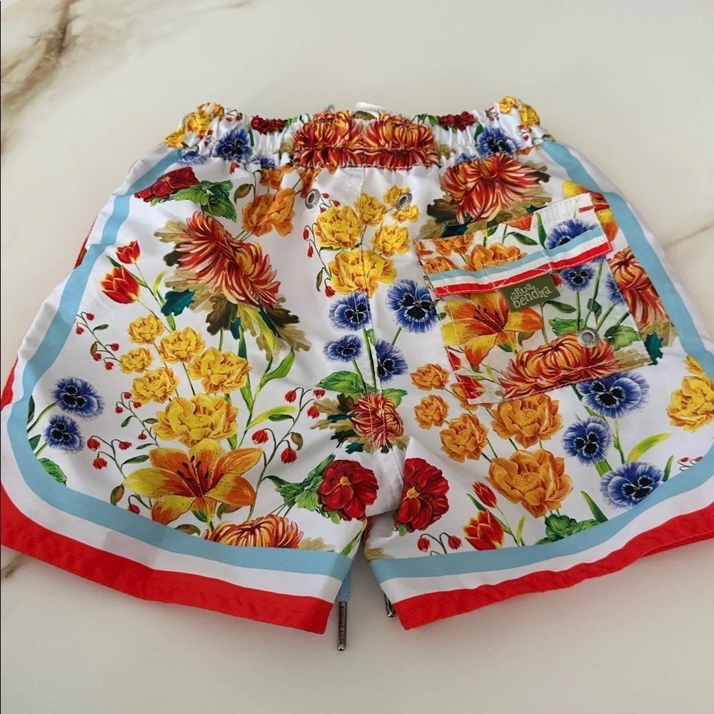 Agua Bendita Floral Swim Shorts with Orange Trim